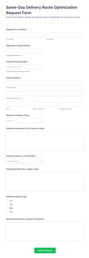 Same Day Delivery Route Optimization Request Form Template
