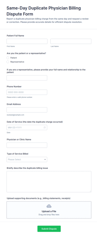 Same Day Duplicate Physician Billing Dispute Form Template