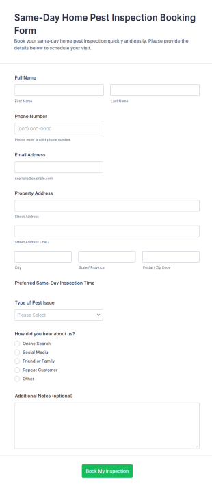 Same Day Home Pest Inspection Booking Form Template