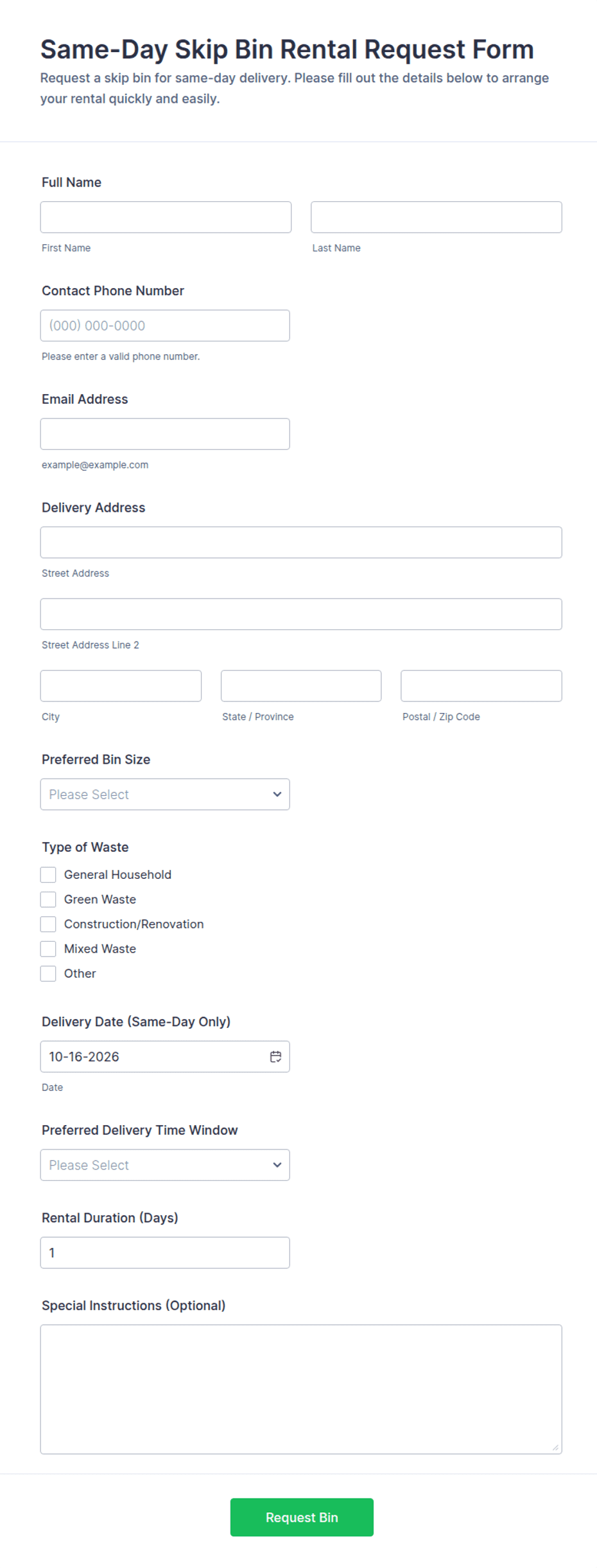 Same-Day Skip Bin Rental Request Form Template | Jotform