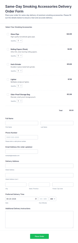 Same Day Smoking Accessories Delivery Order Form Template