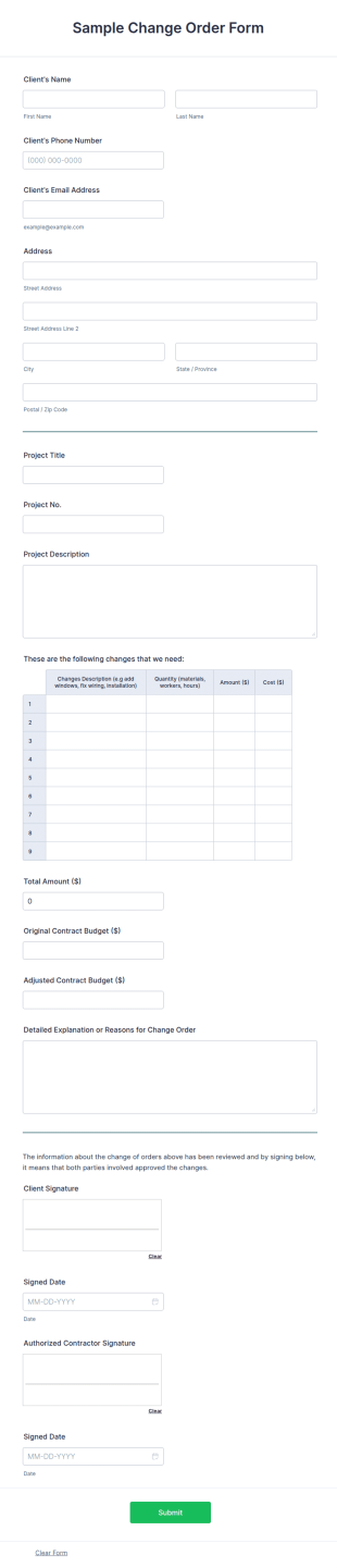 Sample Change Order Form Template