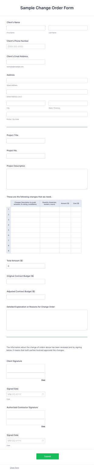 Sample Change Order Form Template