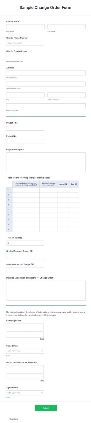Sample Change Order Form Template