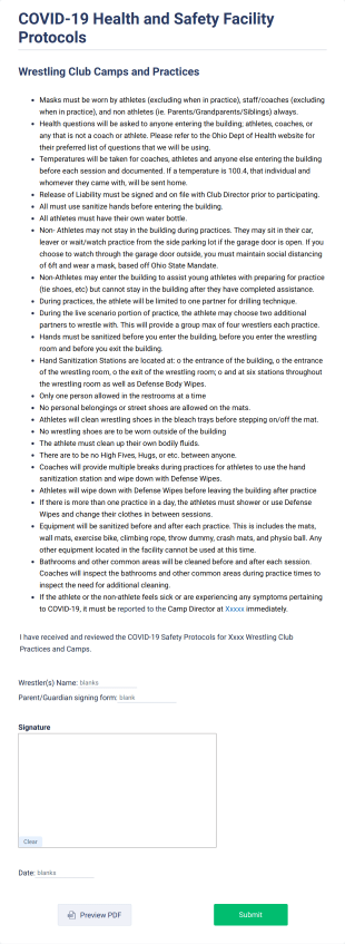 Sample Health Safety Facility Protocols Agreement Form Template