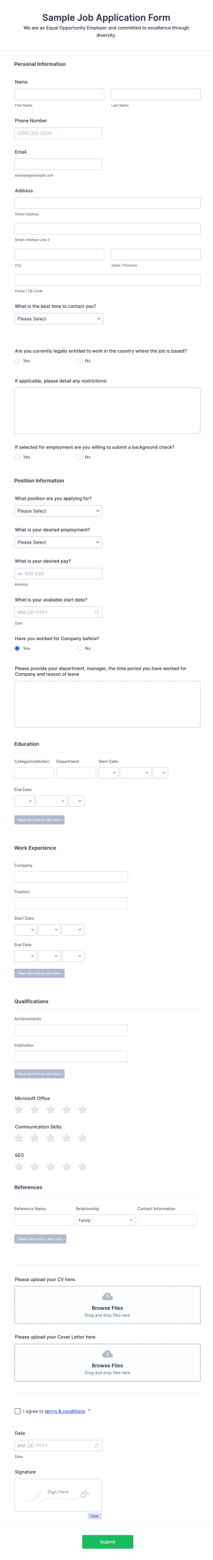 Sample Job Application Form Template