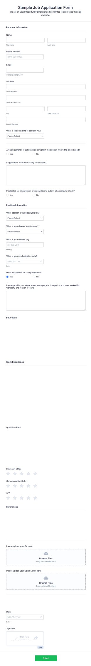 Sample Job Application Form Template