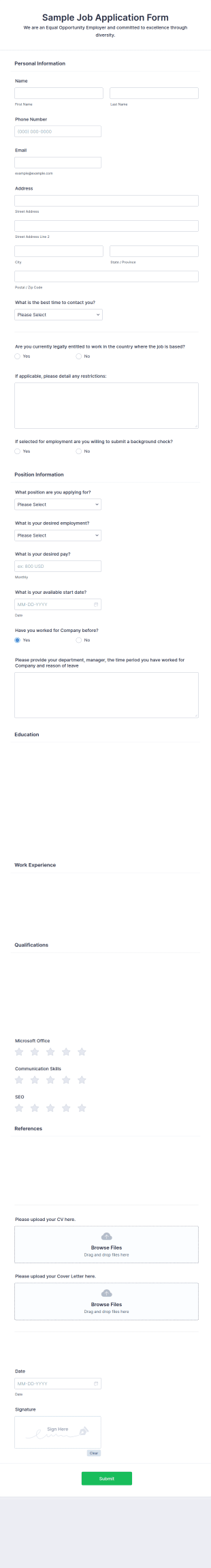 Sample Job Application Form Template