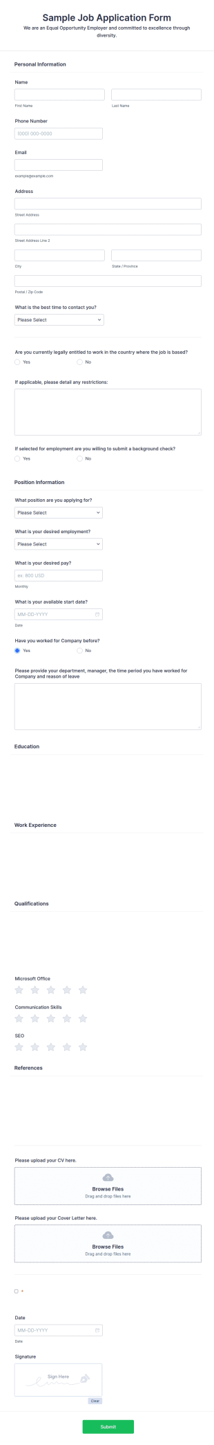 Sample Job Application Form Template