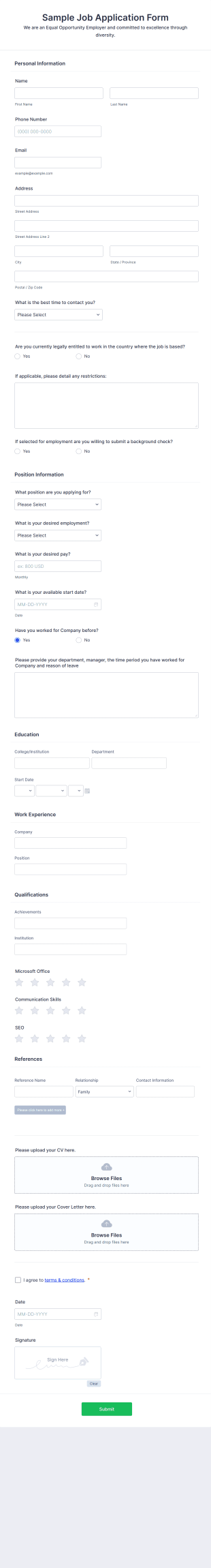 Sample Job Application Form Template