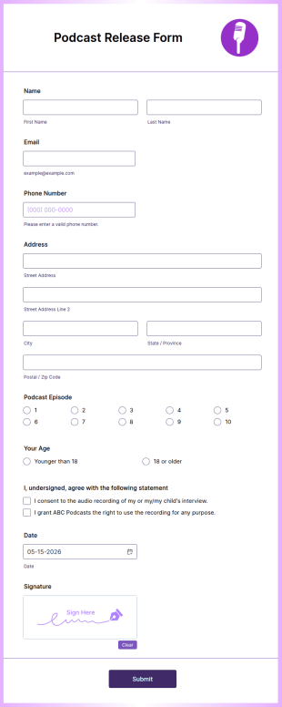 Sample Podcast Release Form Template
