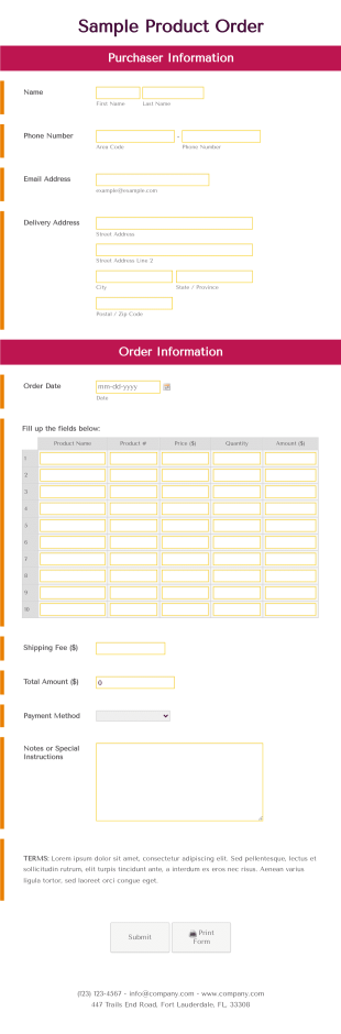 Sample Product Order Form Template
