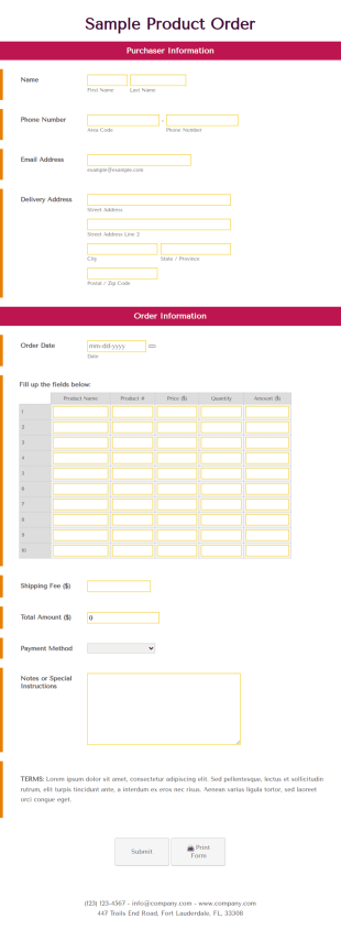 Sample Product Order Form Template