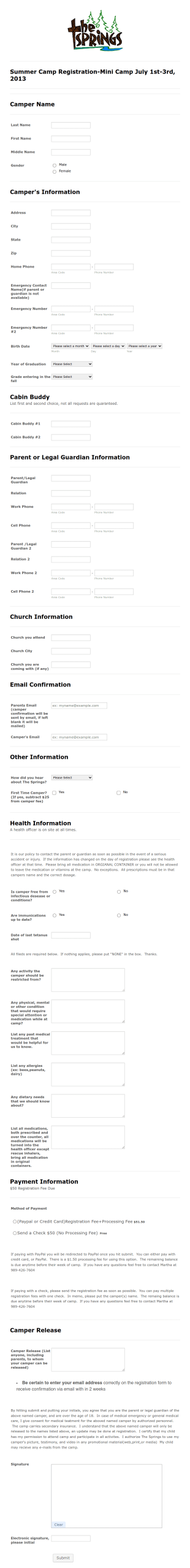 Sample Summer Camp Registration Form Template