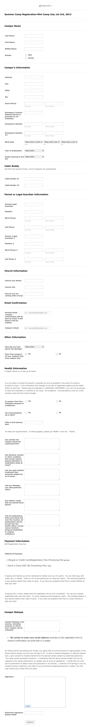 Sample Summer Camp Registration Form Template