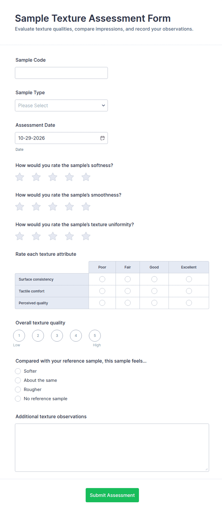 Sample Texture Assessment Form Template | Jotform