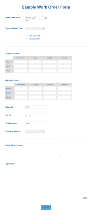 Sample Work Order Form Template