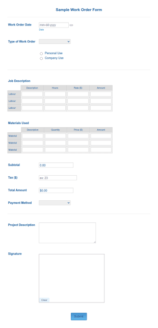 Sample Work Order Form Template