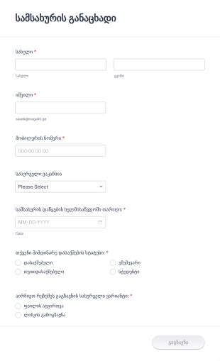 სამსახურის განაცხადის ფორმა Form Template