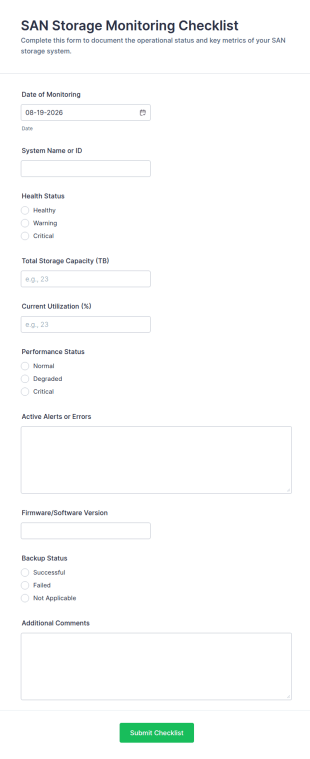 SAN Storage Monitoring Checklist Form Template