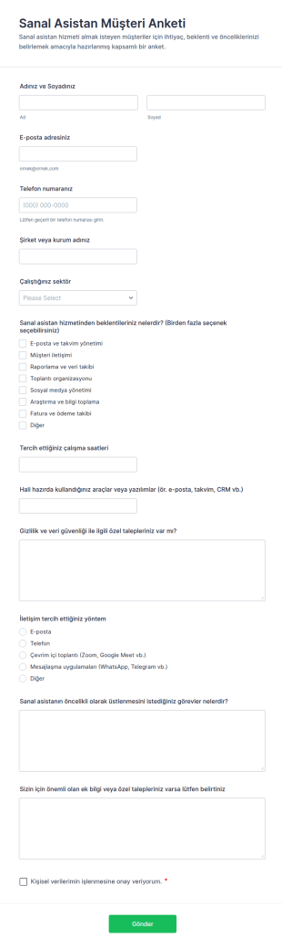 Sanal Asistan Müşteri Anketi Form Şablonu