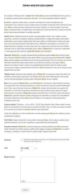 Sanal Asistan Sözleşme Form Şablonu