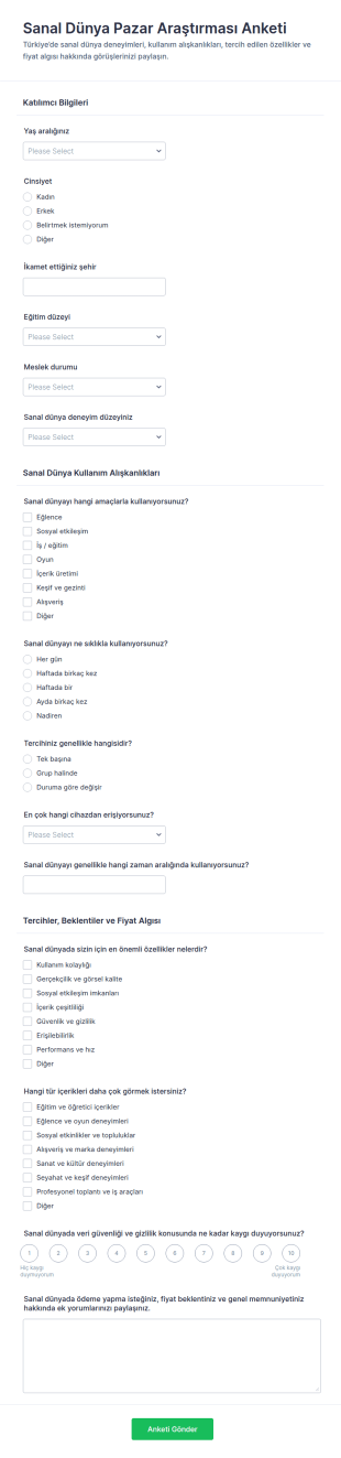 Sanal Dünya Pazar Araştırması Anketi Form Şablonu