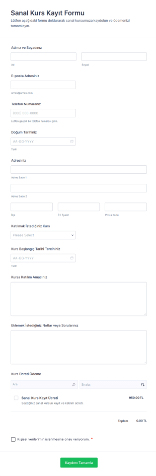 Sanal Kurs Kayıt Form Şablonu