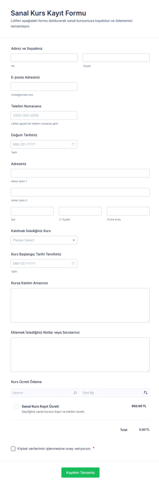 Sanal Kurs Kayıt Form Şablonu