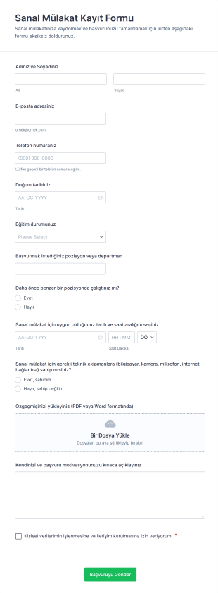 Sanal Mülakat Kayıt Form Şablonu