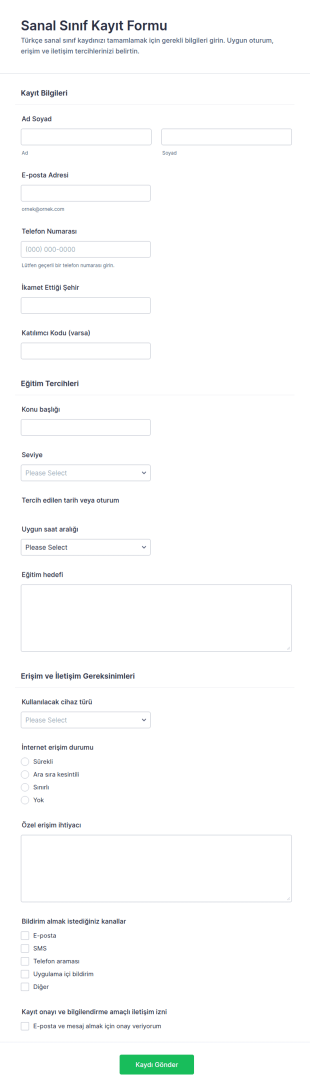 Sanal Sınıf Kaydı Form Şablonu