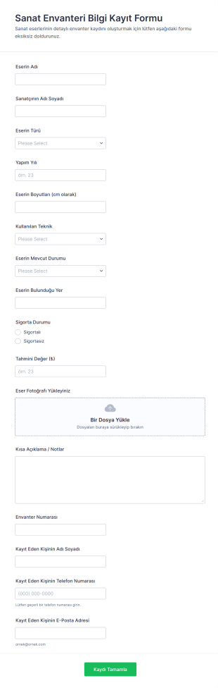 Sanat Envanteri Bilgi Kayıt Form Şablonu