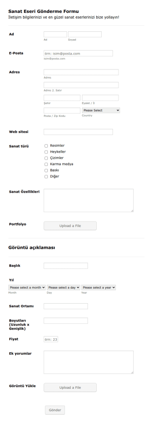 Sanat Eseri Gönderme Form Şablonu