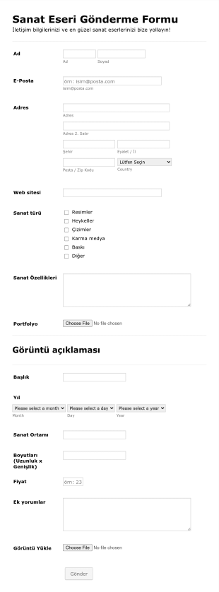 Sanat Eseri Gönderme Form Şablonu