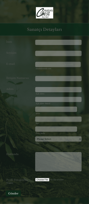 Sanatçı Kayıt Form Template