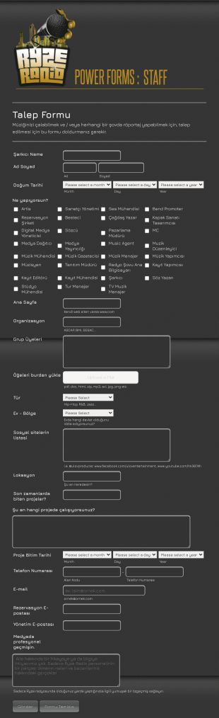 Sanatçı Bilgi Kayıt Form Template