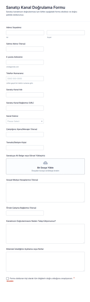 Sanatçı Kanal Doğrulama Form Şablonu