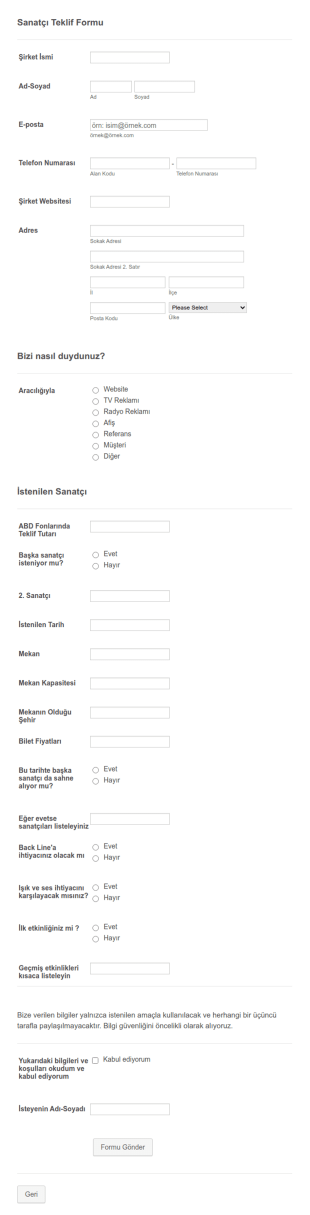 Sanatçı Teklif Form Şablonu