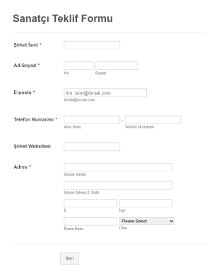 Sanatçı Teklif Form Şablonu