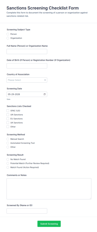 Sanctions Screening Checklist Form Template