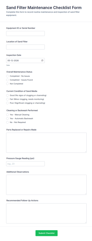 Sand Filter Maintenance Checklist Form Template