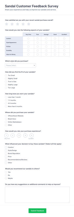 Sandal Customer Feedback Survey Form Template