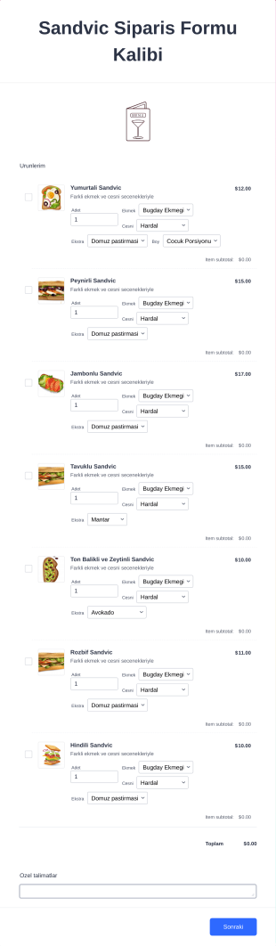 Sandviç Sipariş Form Template