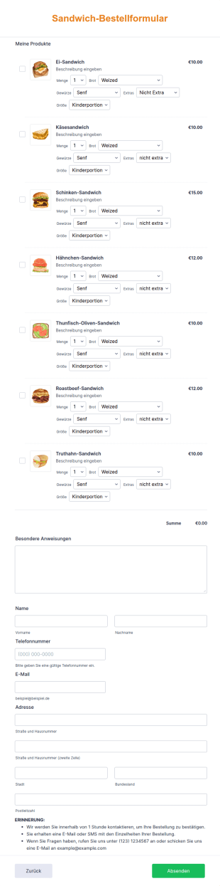 Sandwich Bestellformular