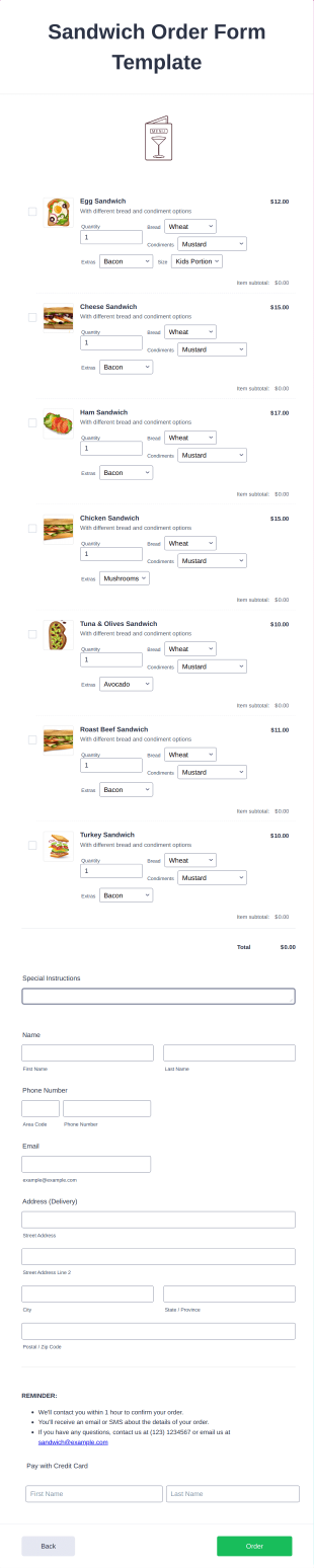 Sandwich Order Form Template