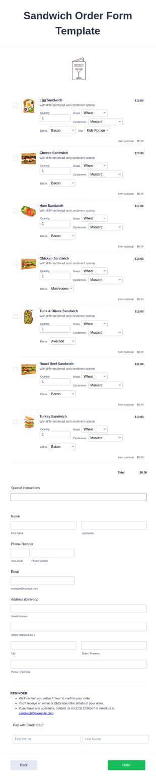 Sandwich Order Form Template