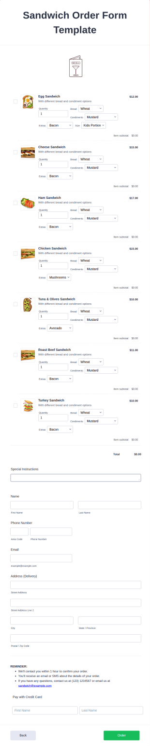 Sandwich Order Form Template