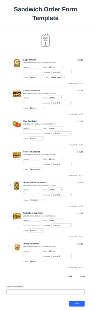 Sandwich Order Form Template