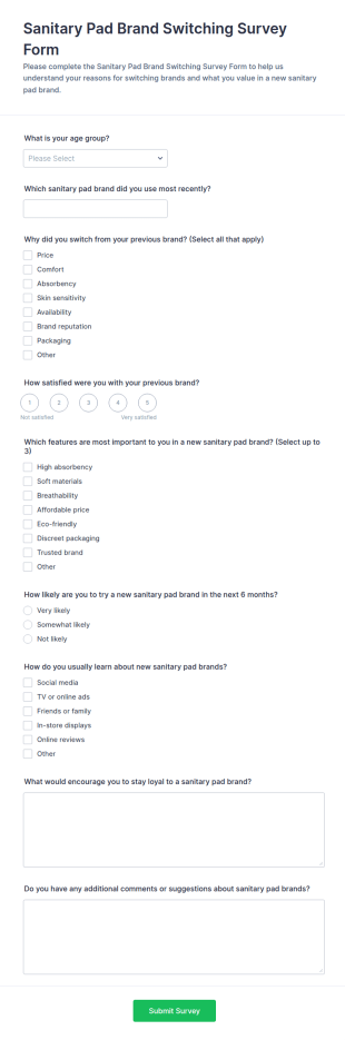 Sanitary Pad Brand Switching Survey Form Template
