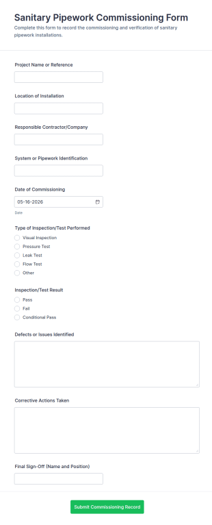 Sanitary Pipework Commissioning Form Template